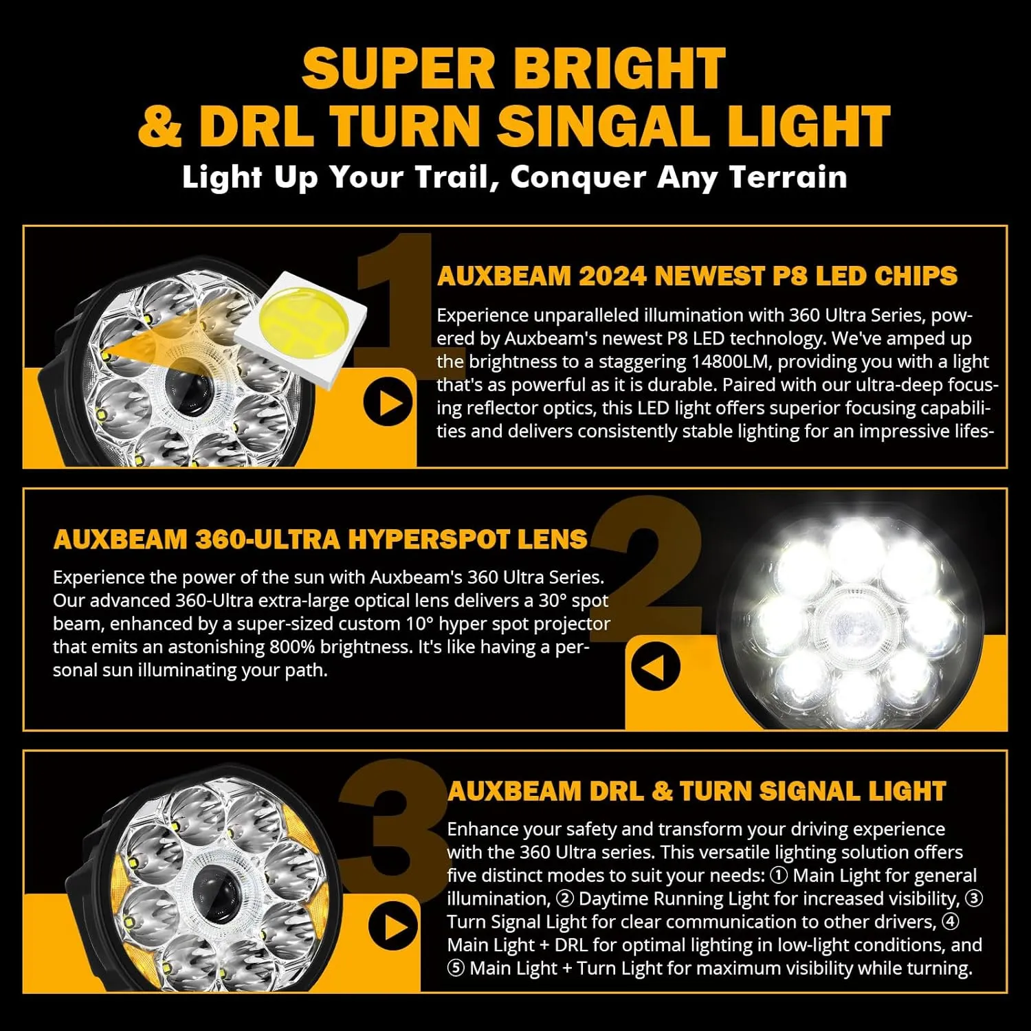 360-Ultra Series 6 Inch 132W LED Spot Driving Light Off Road Lights with White DRL&Amber Turn Signal Light
