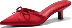 Coutgo Womens Kitten Heels Mules with Bow Satin Slip on Pumps Closed Pointed Toe Dress Wedding Party Shoes