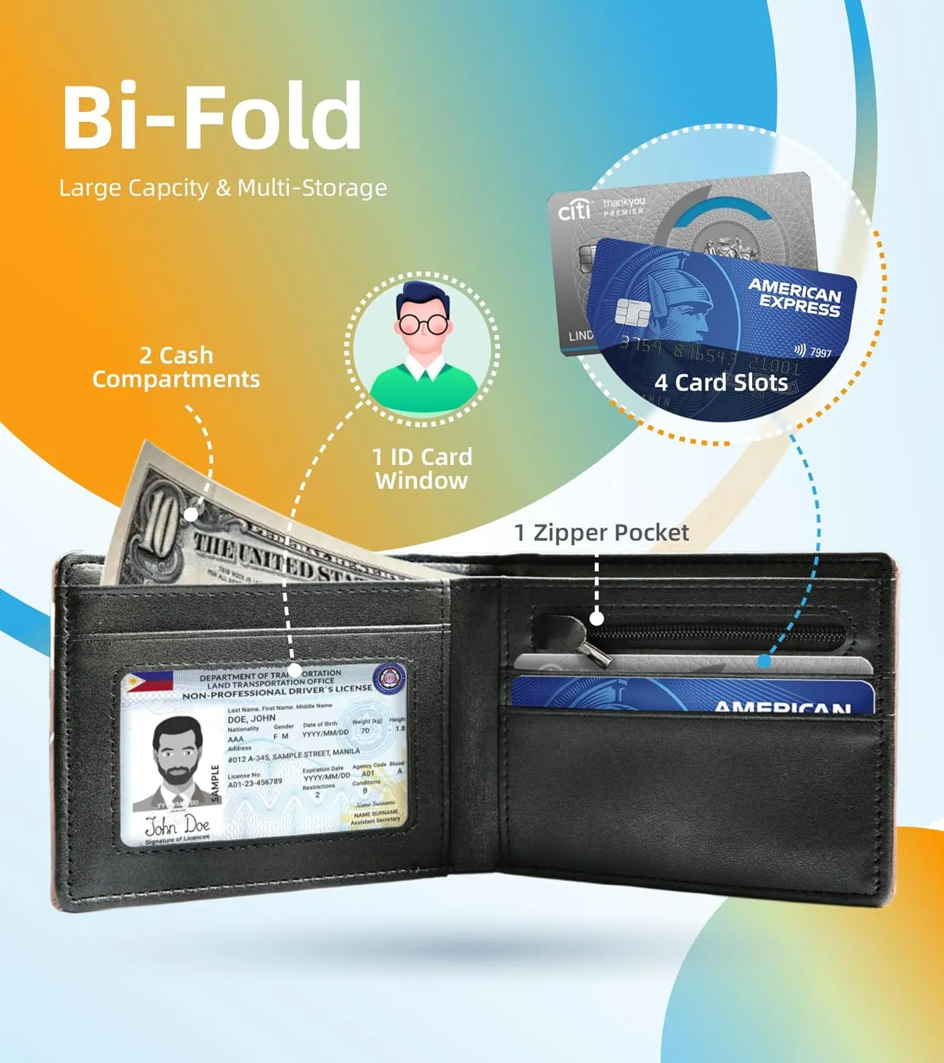 Credit Card Holder Wallet Rfid Blocking Kids Boys Bifold Teen Cool Cute for Cash with ID Window Cardholder Teenage Teenager, Dinosaur