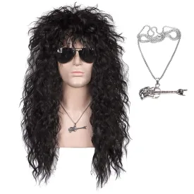 FantaLook 80S Curly Wig with Necklace 70S Black Cosplay Wig for Men