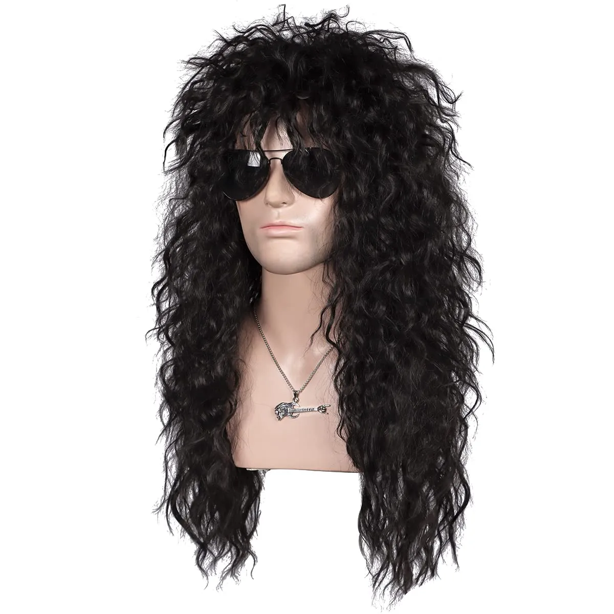 FantaLook 80S Curly Wig with Necklace 70S Black Cosplay Wig for Men