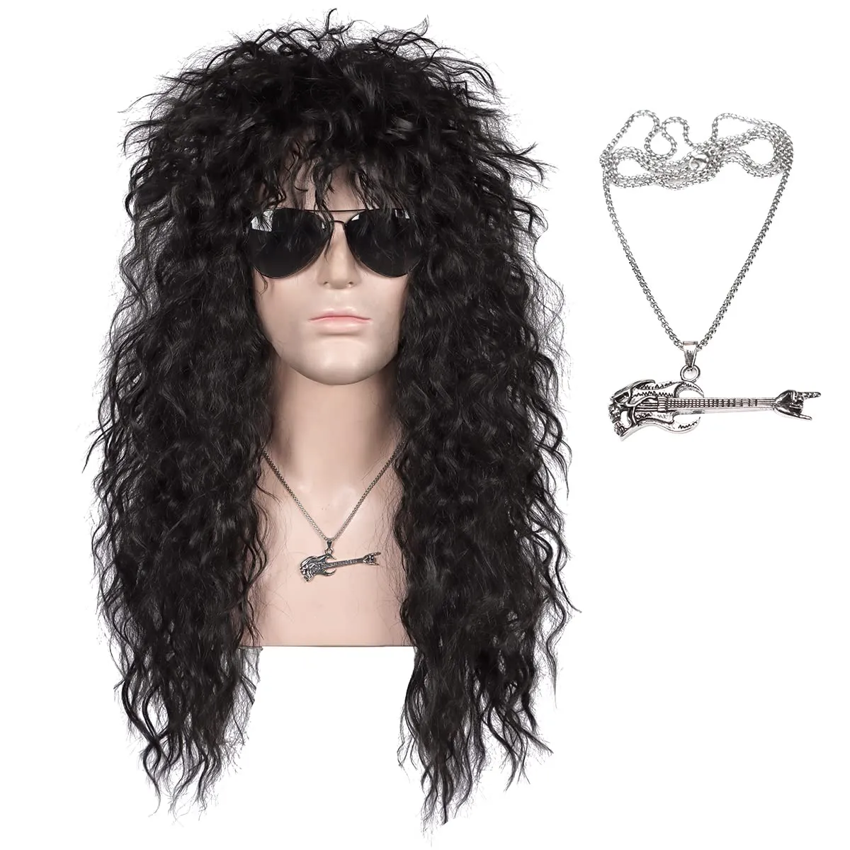 FantaLook 80S Curly Wig with Necklace 70S Black Cosplay Wig for Men