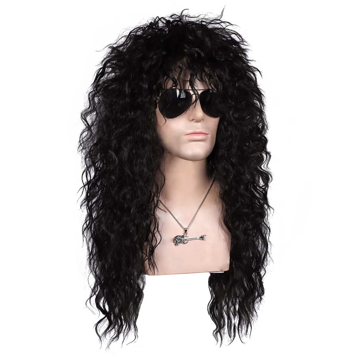 FantaLook 80S Curly Wig with Necklace 70S Black Cosplay Wig for Men