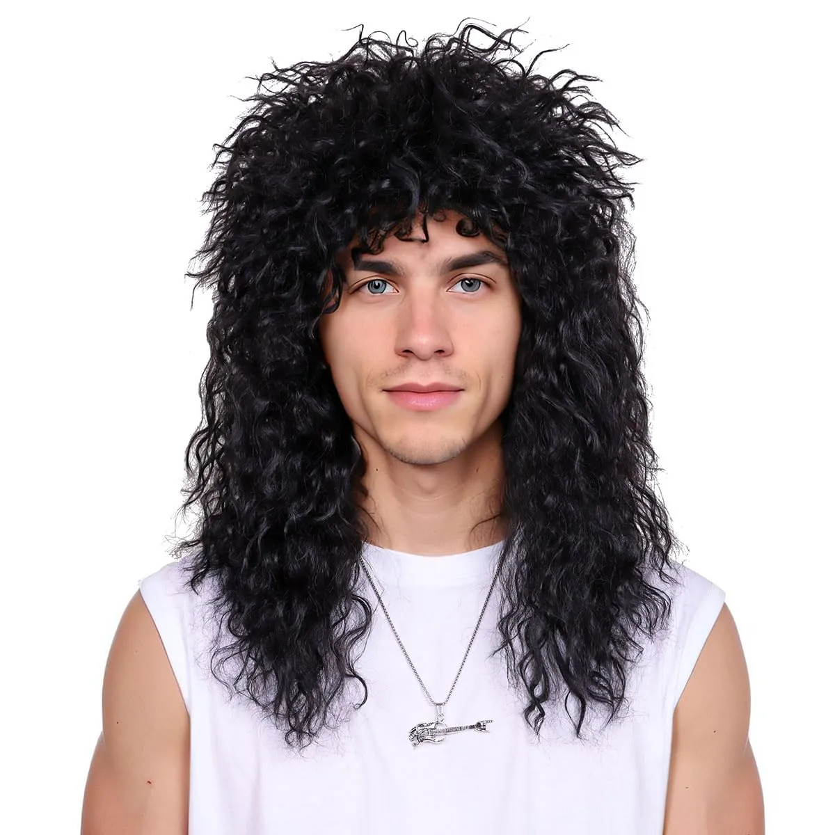 FantaLook 80S Curly Wig with Necklace 70S Black Cosplay Wig for Men