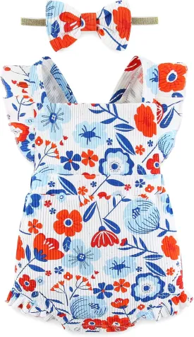 Fullfamous Baby Girl Ruffled Jumpsuit and Headband Set