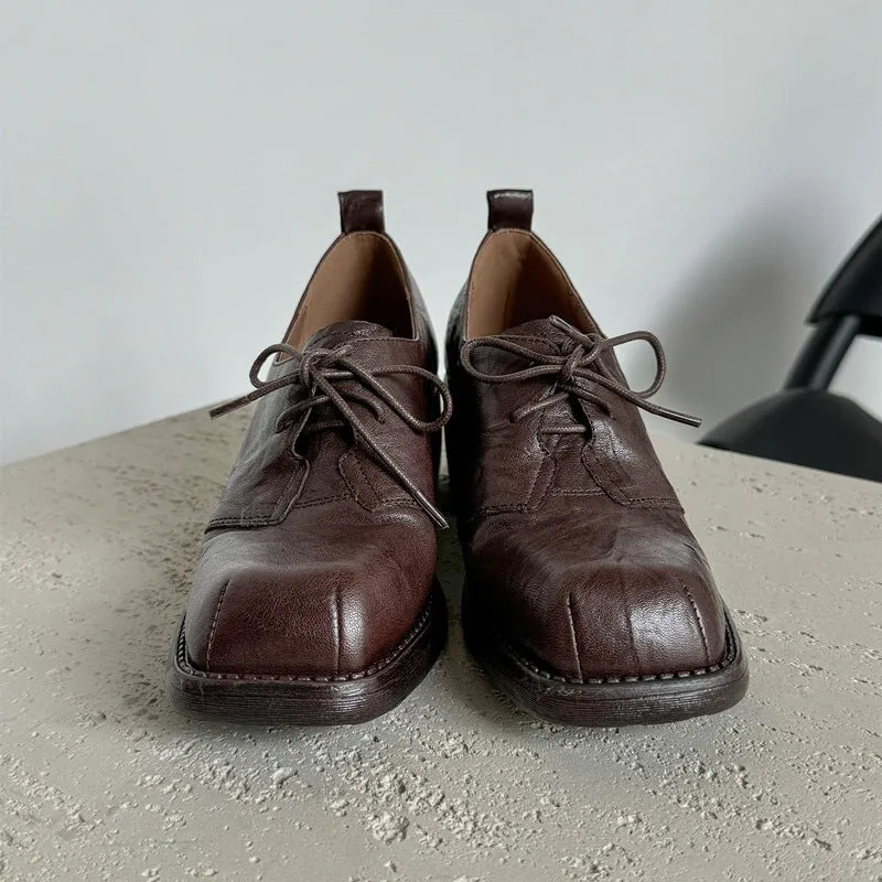 Handmade Wrinkled Sheepskin Block Heel Oxford Shoes in Black/Brown
