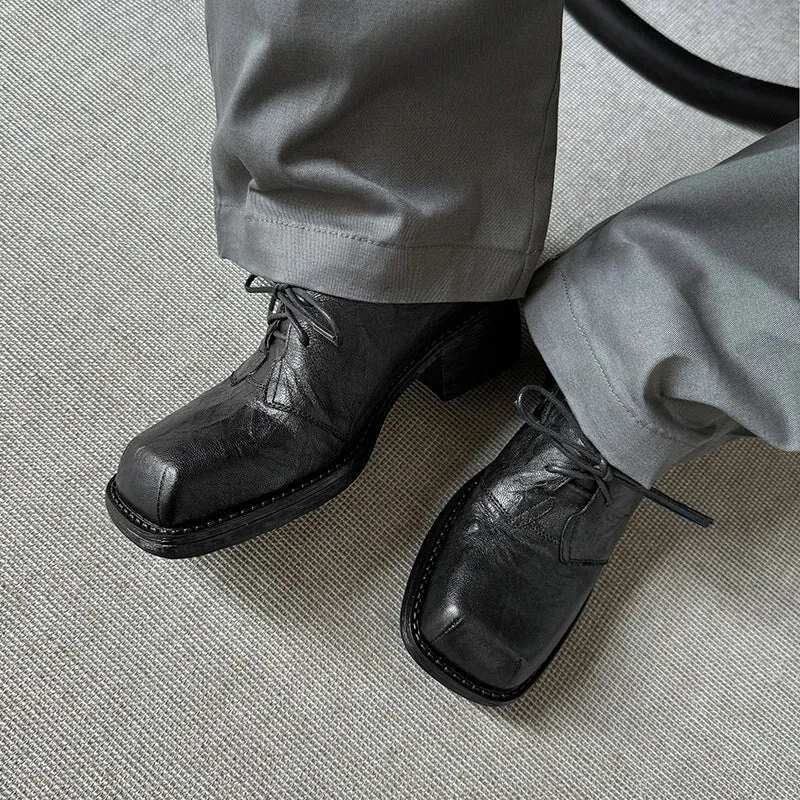 Handmade Wrinkled Sheepskin Block Heel Oxford Shoes in Black/Brown