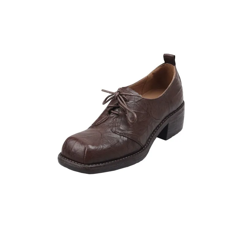 Handmade Wrinkled Sheepskin Block Heel Oxford Shoes in Black/Brown