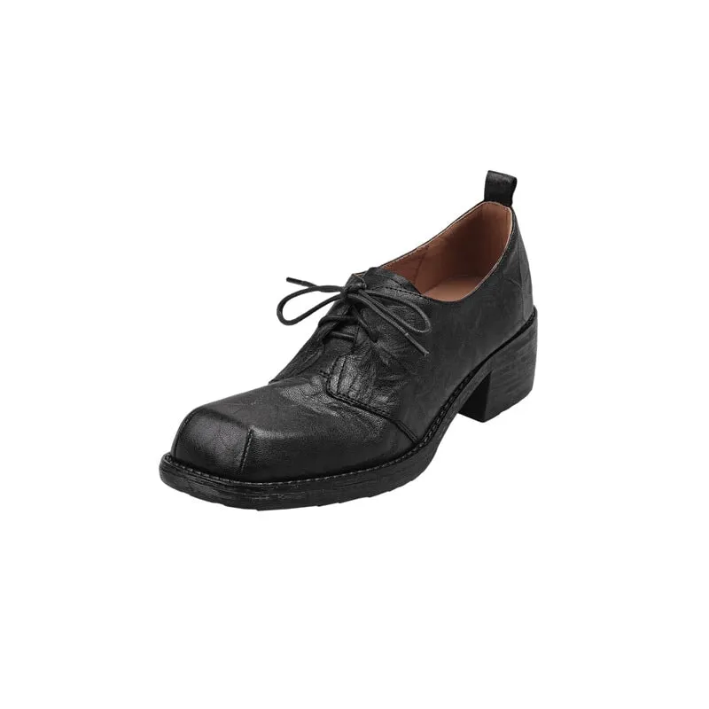 Handmade Wrinkled Sheepskin Block Heel Oxford Shoes in Black/Brown