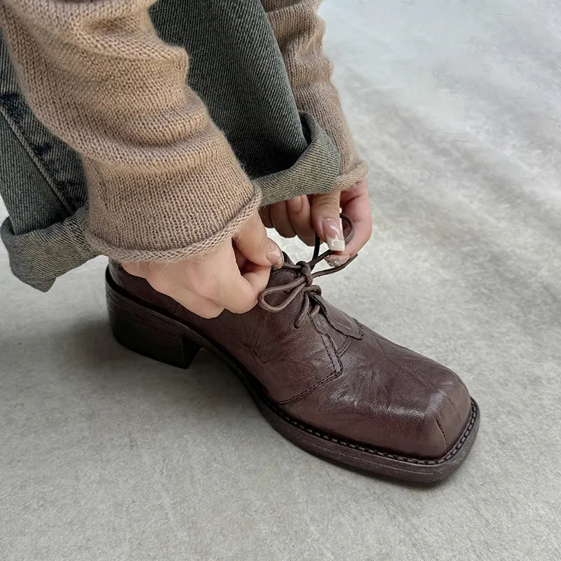 Handmade Wrinkled Sheepskin Block Heel Oxford Shoes in Black/Brown