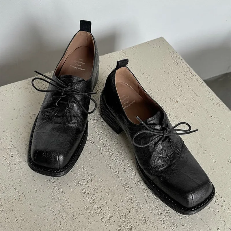 Handmade Wrinkled Sheepskin Block Heel Oxford Shoes in Black/Brown