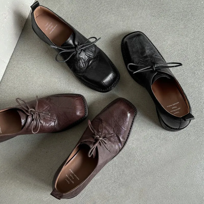 Handmade Wrinkled Sheepskin Block Heel Oxford Shoes in Black/Brown