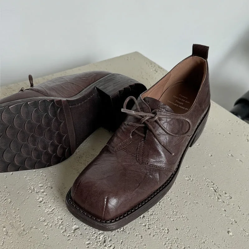 Handmade Wrinkled Sheepskin Block Heel Oxford Shoes in Black/Brown