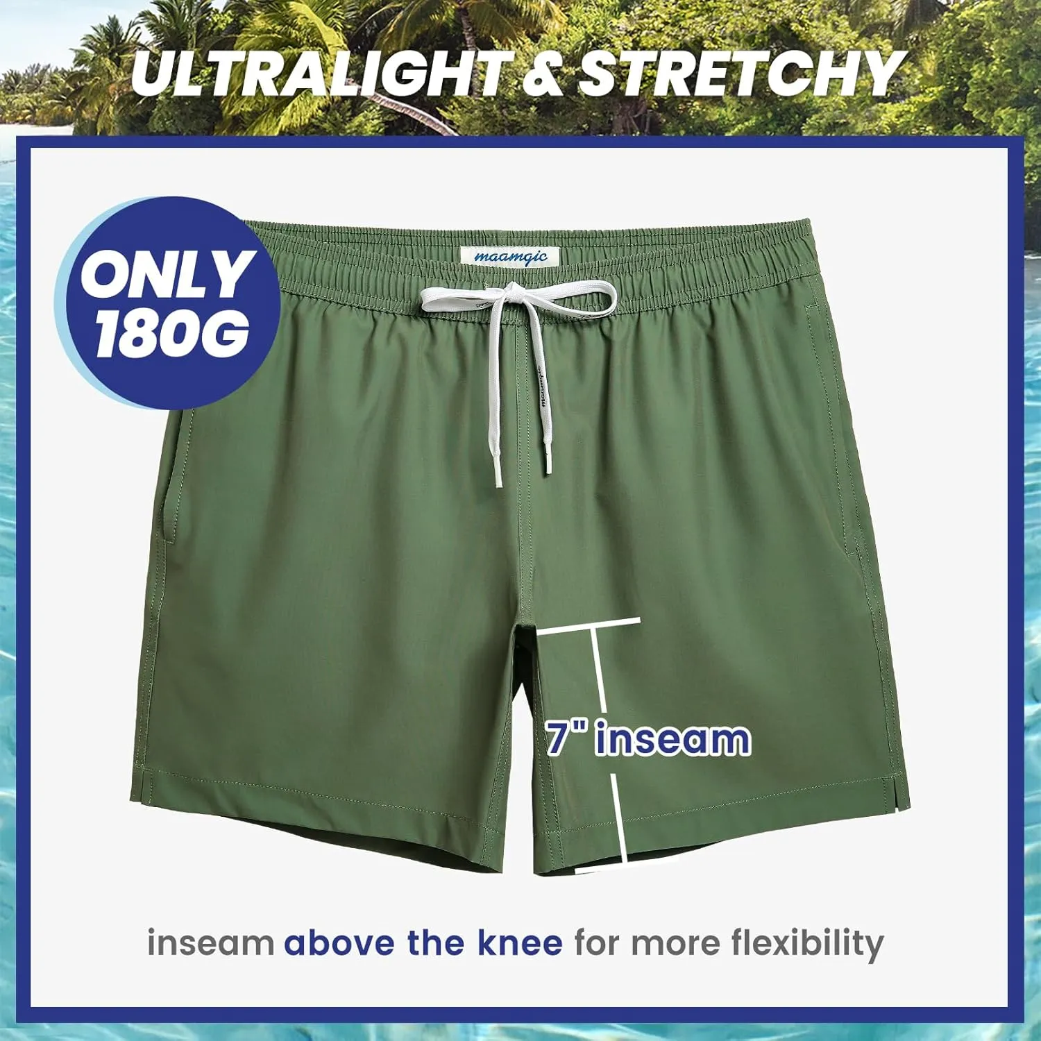 maamgic Mens 7" Stretch Swim Trunks Quick Dry Mesh Lining Swimwear Bathing Suits