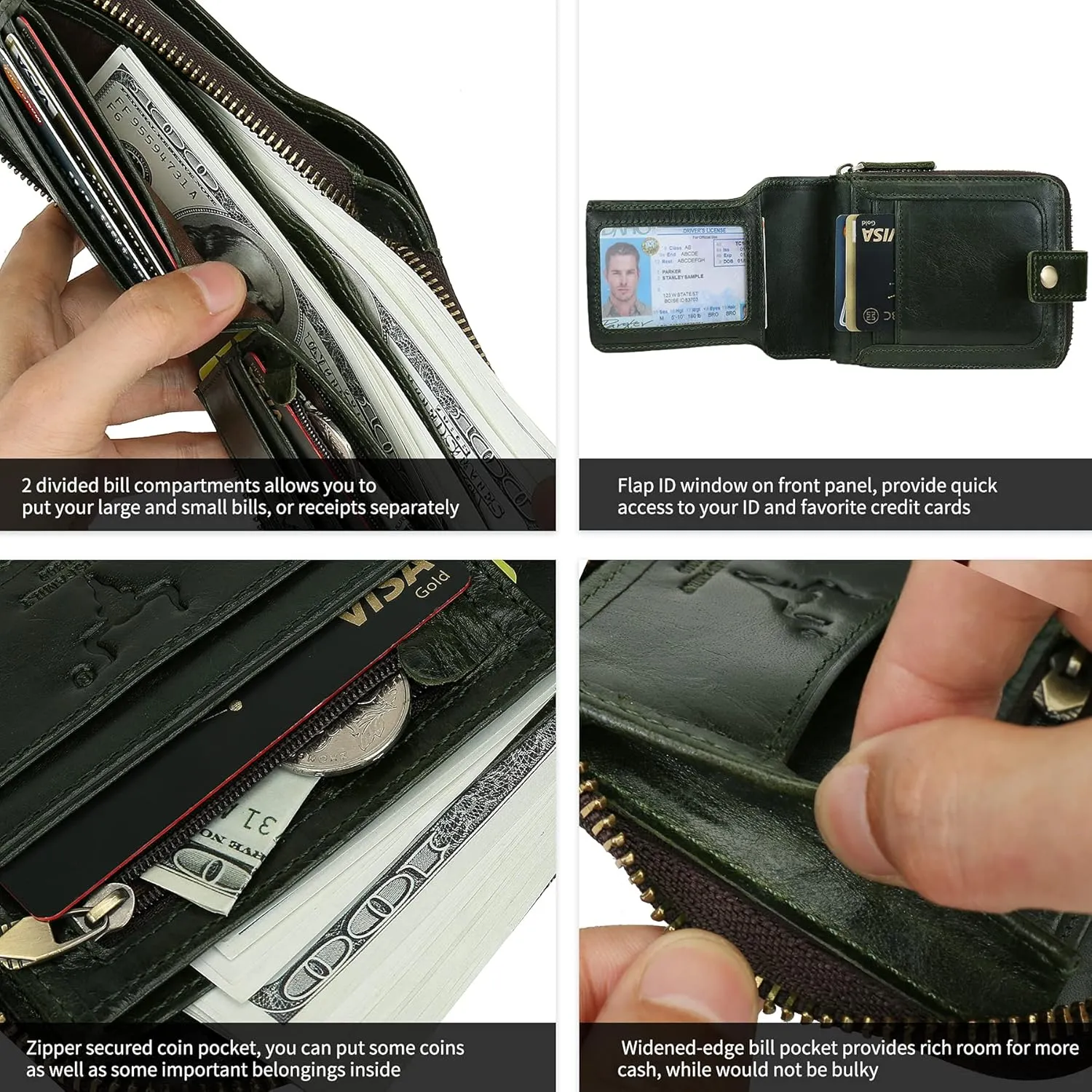 MING CLAN Zipper Wallet Men RFID Blocking Leather Bifold Wallets For Men - Flap ID Window Zip Coin Pocket Mens Zipper Wallets - Big Capacity