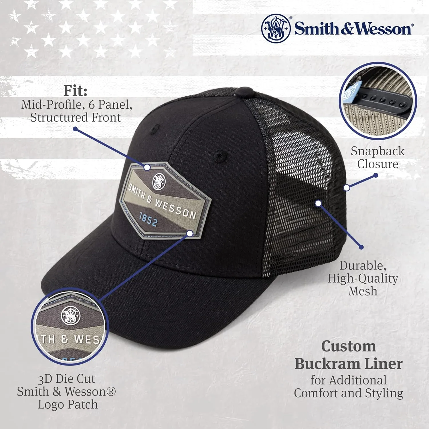 Smith & Wesson? Officially Licensed Men's Trucker Hat, Adjustable Snapback, 6-Panel Mesh Baseball Cap, One Size Fits Most