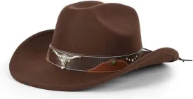 Western-Cowboy-Hats for Women Men - Classic Wide Brim Felt Fedora Unisex Upturn Bull Head Cowgirl Caps with Buckle Belt